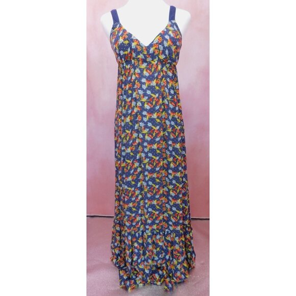 Quiksilver XS Boho Floral Maxi Dress Cross-Back Navy Blue Rayon - Picture 1 of 7